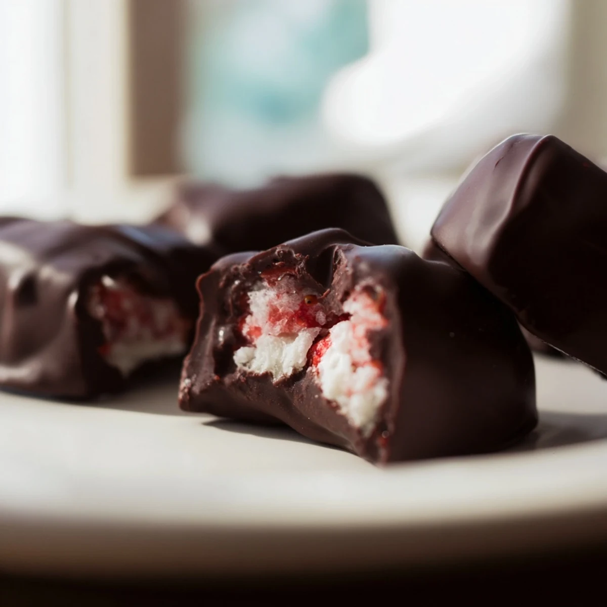 Chocolate Covered Strawberry Yogurt Clusters with a crisp dark chocolate shell on parchment paper.