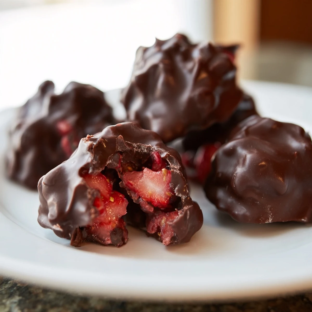 Frozen Greek yogurt clusters with fresh strawberry chunks dipped in melted chocolate for snacking.