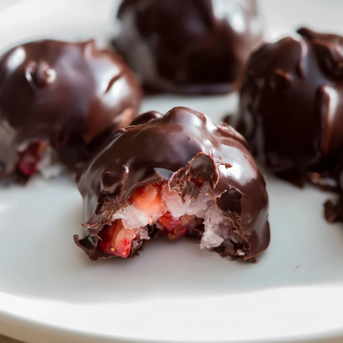 Homemade Chocolate Covered Strawberry Yogurt Clusters stacked on a plate, ready to serve as dessert.