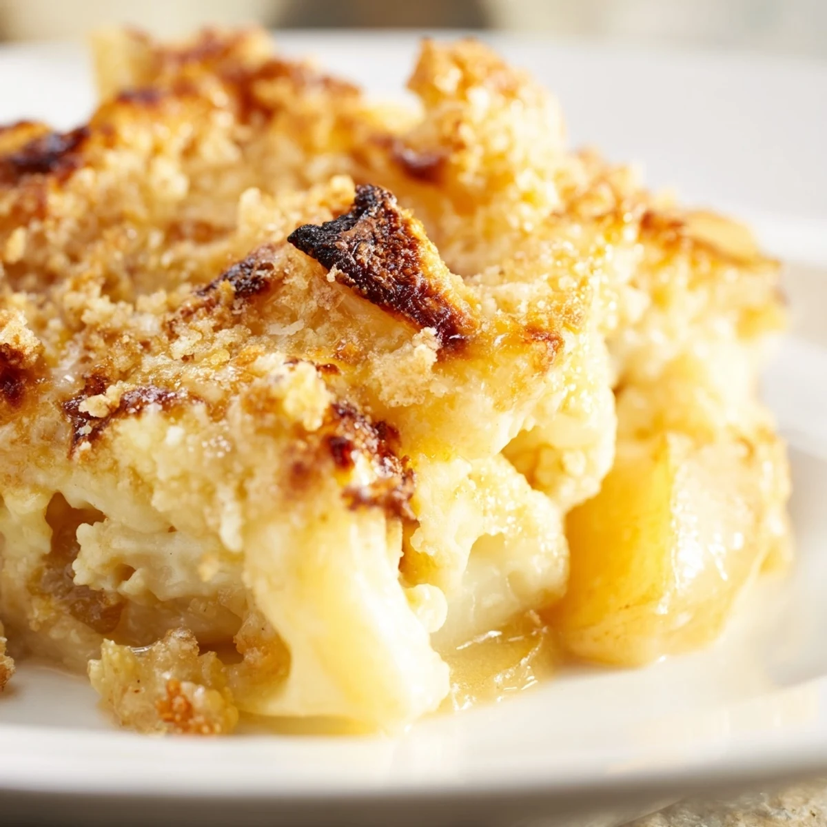 Golden, bubbling Cheesy Cauliflower and Potato Gratin fresh from the oven, showcasing a creamy texture. 
