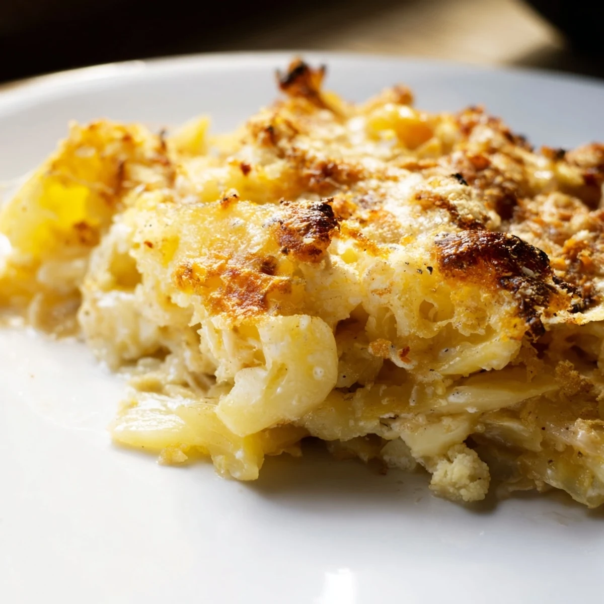 A rustic dish of Cheesy Cauliflower and Potato Gratin with a golden-brown crust.