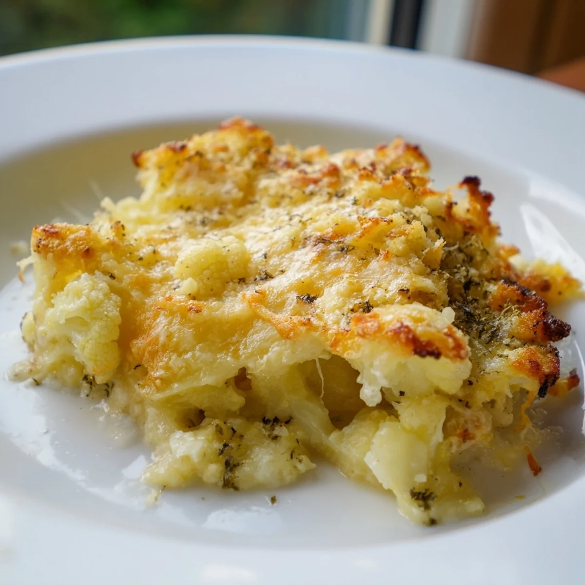 A close-up of a serving of Cheesy Cauliflower and Potato Gratin on a white plate. 