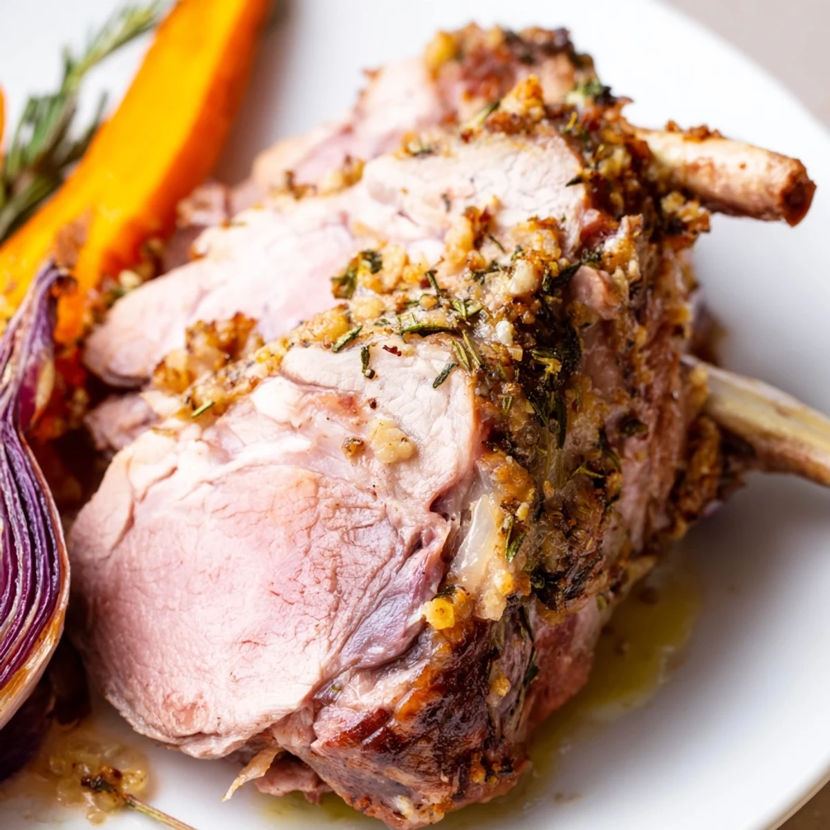 Fork-tender Garlic Herb Roasted Lamb Shoulder glistening with herbs and lemon zest, ready for a family feast.