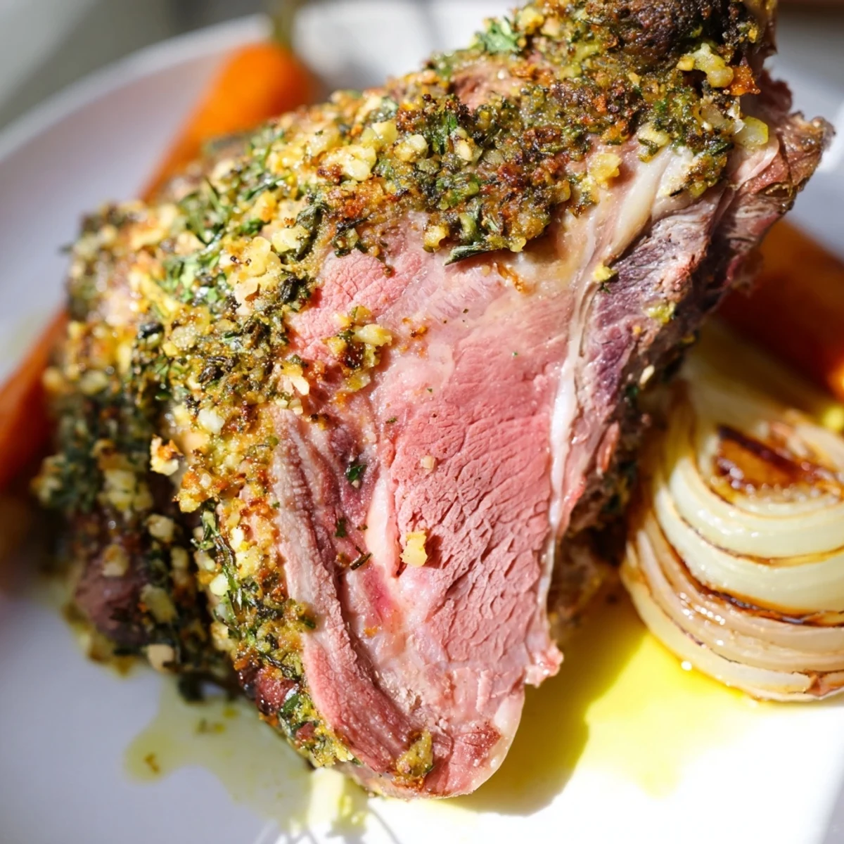 A golden Garlic Herb Roasted Lamb Shoulder served with roasted carrots and celery, garnished with fresh rosemary.