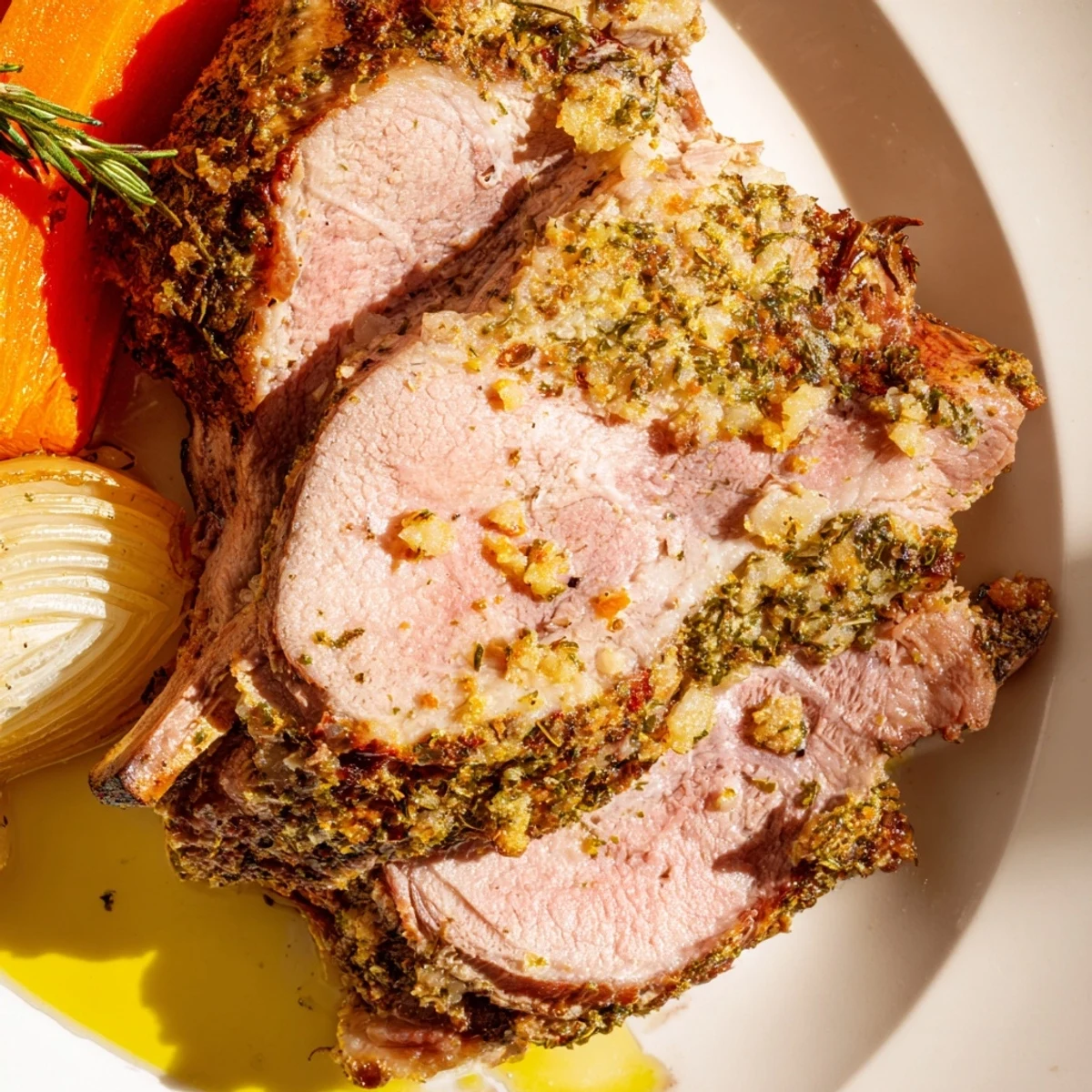 Sliced Garlic Herb Roasted Lamb Shoulder revealing juicy meat and caramelized onions on a rustic platter.