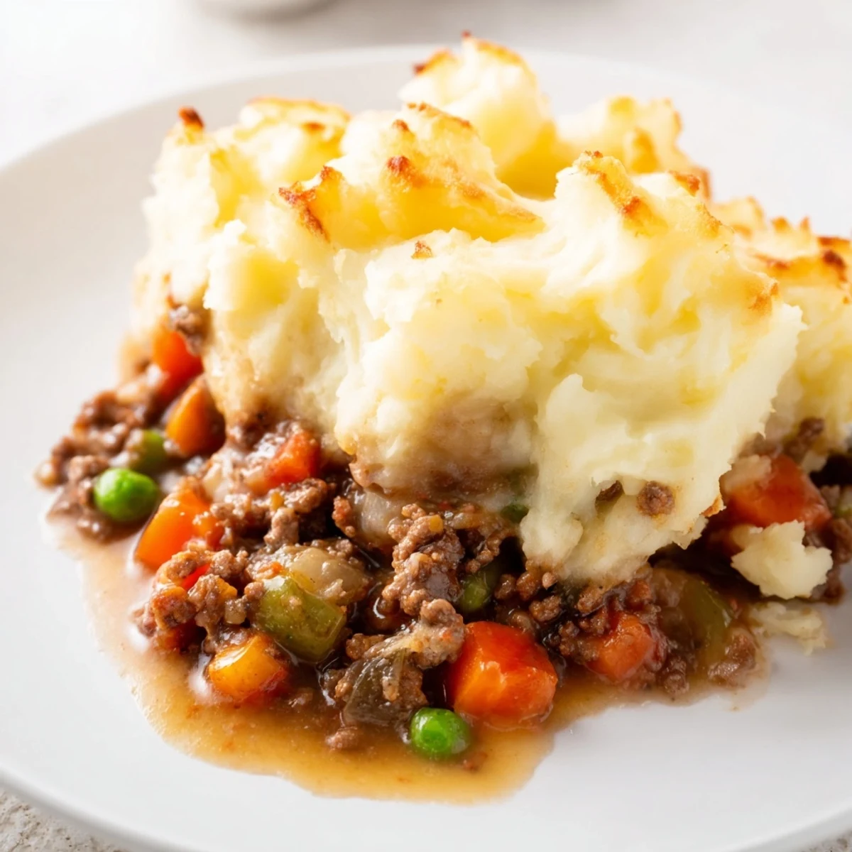 Freshly baked Classic Beef Cottage Pie with golden, fork-marked mashed potatoes over a rich beef and vegetable filling.