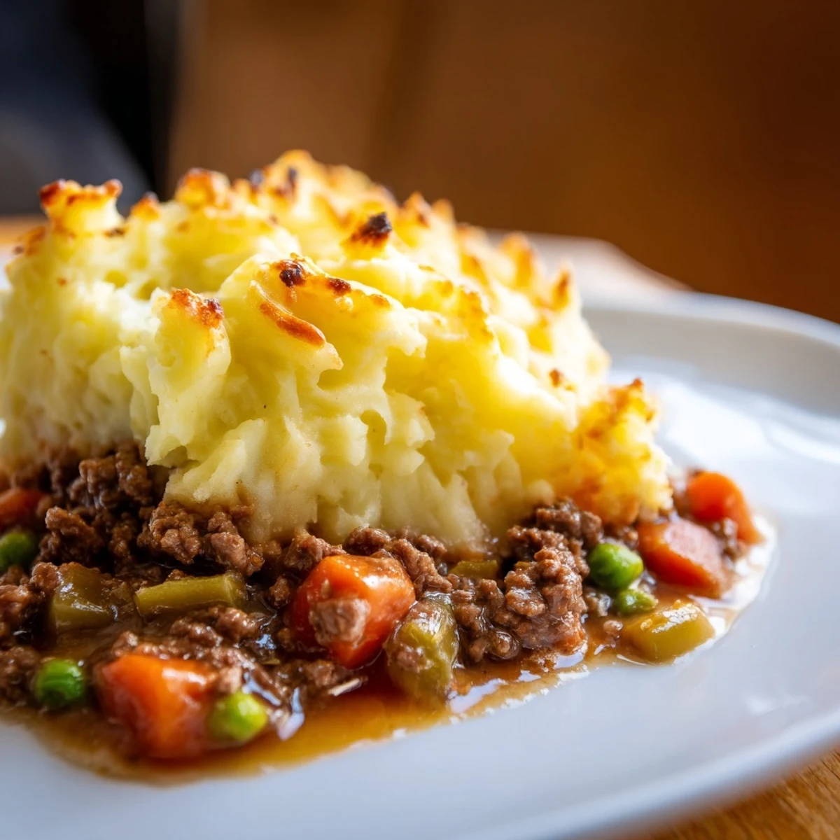 Rustic serving dish of Classic Beef Cottage Pie, topped with melted butter and paired with fresh green beans.