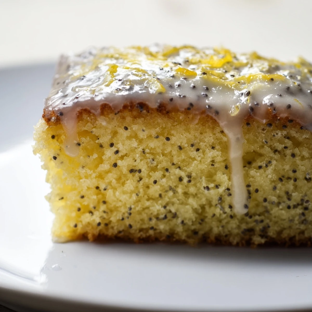 Freshly baked Lemon Drizzle Traybake with Poppy Seeds, showing a golden crust and glossy lemon glaze cooling on a wire rack.