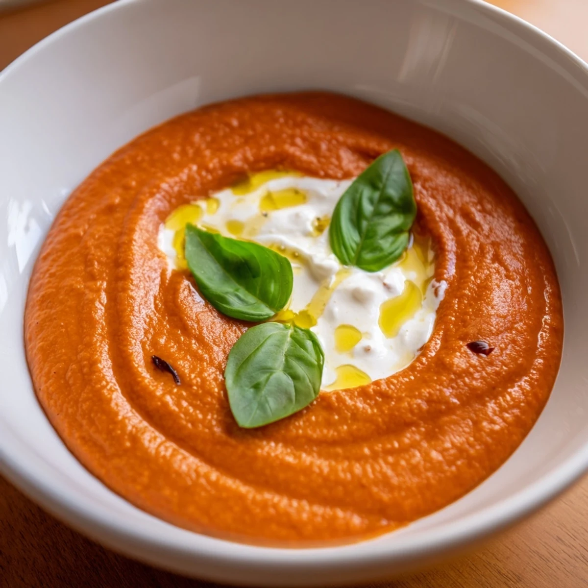 A bowl of Smoky Roasted Tomato and Basil Soup garnished with fresh basil and cream.