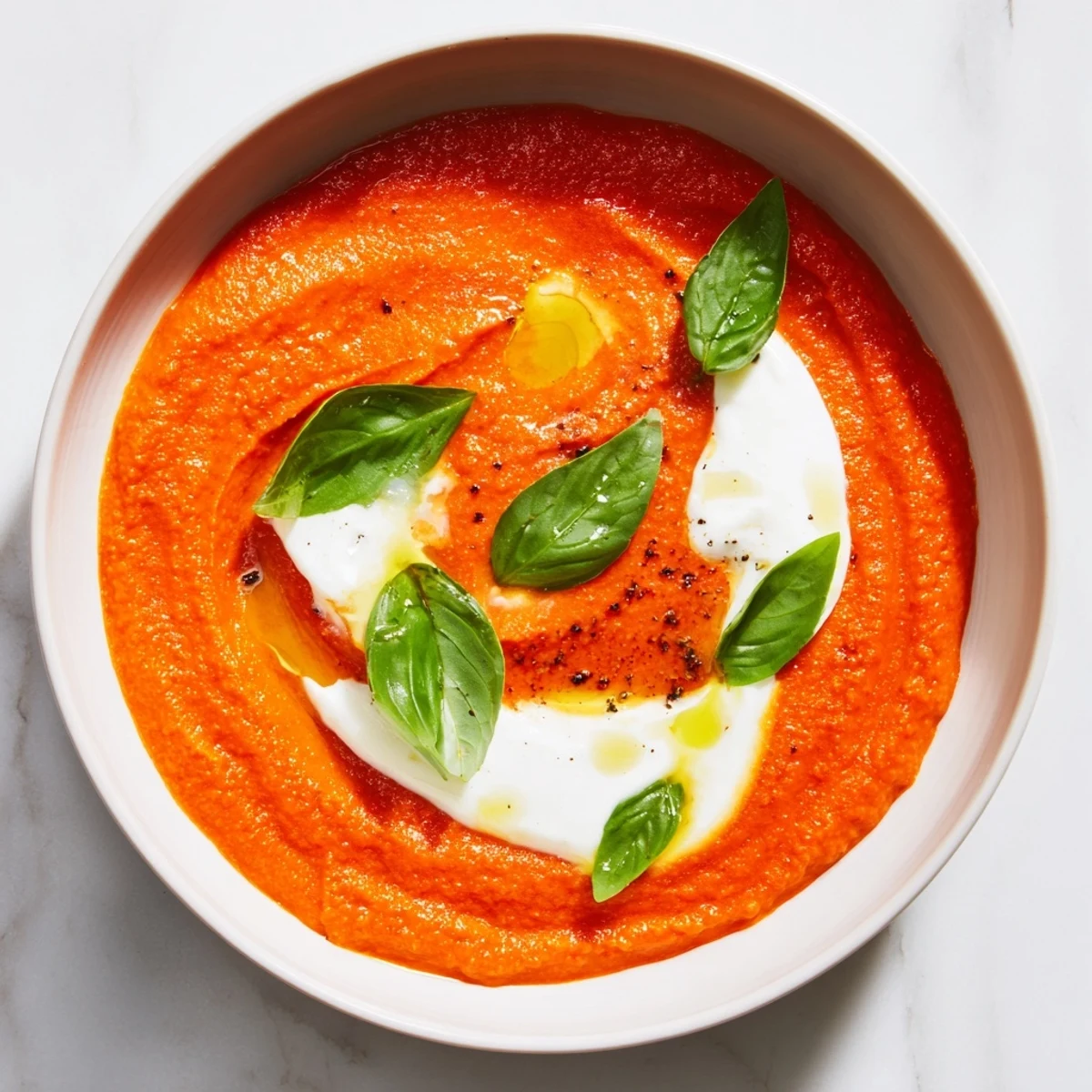 Smoky Roasted Tomato and Basil Soup served hot with a grilled cheese sandwich for dipping.