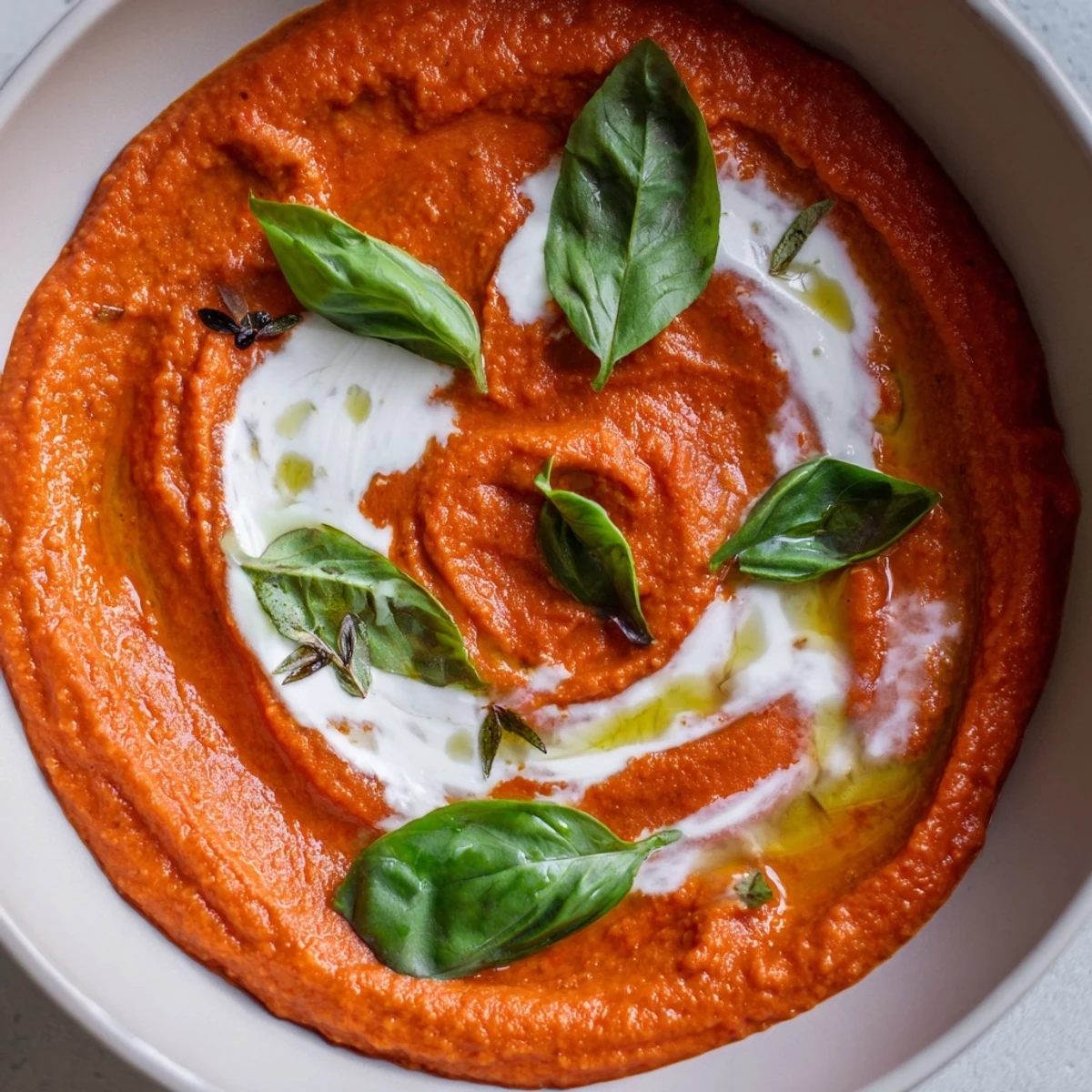 Close-up of Smoky Roasted Tomato and Basil Soup with a rustic texture and olive oil drizzle.