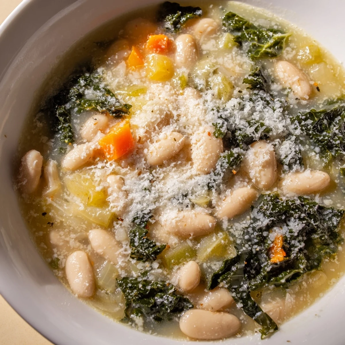A warm bowl of Creamy White Bean and Kale Tuscany Soup topped with melted Parmesan cheese and fresh herbs.