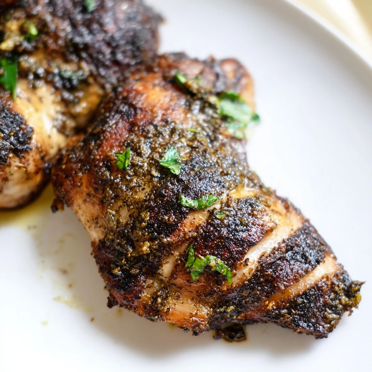 Grilled Chicken Thighs with Zaatar and Sumac sizzling on a grill with visible char marks and fresh lemon wedges.