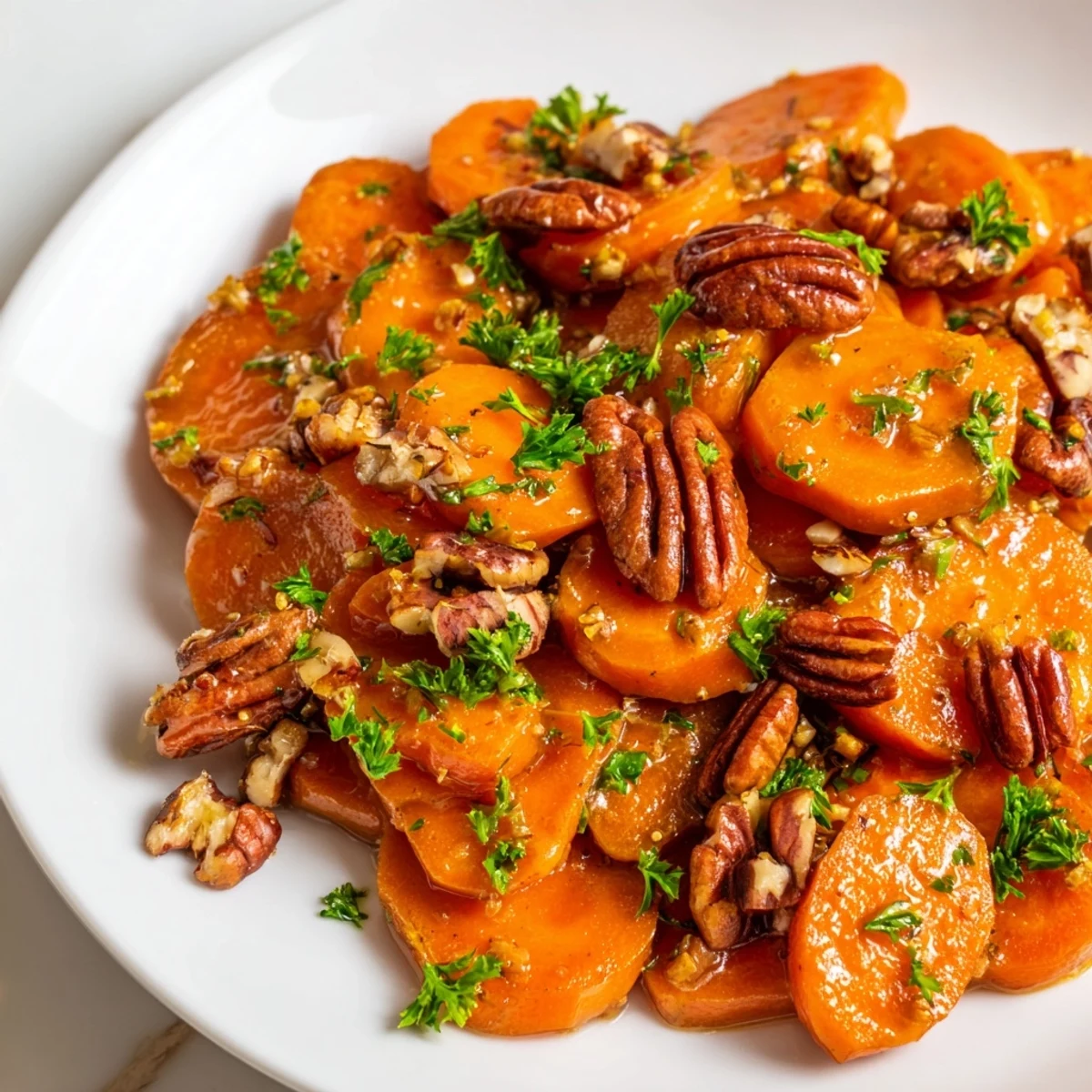 Sweet and nutty Glazed Carrots with Maple and Pecans topped with toasted pecans, perfect for a holiday side dish.
