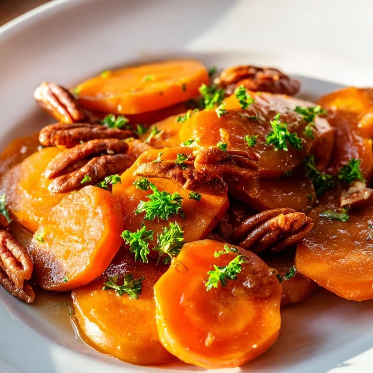 Tender Glazed Carrots with Maple and Pecans in a skillet, coated in a rich amber glaze ready to serve.