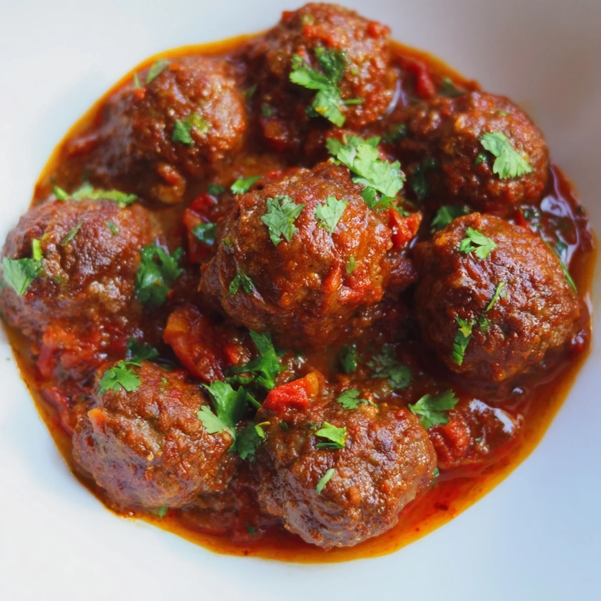 A skillet of hearty Spicy Lamb Merguez Meatballs served over fluffy couscous with crusty bread on the side.