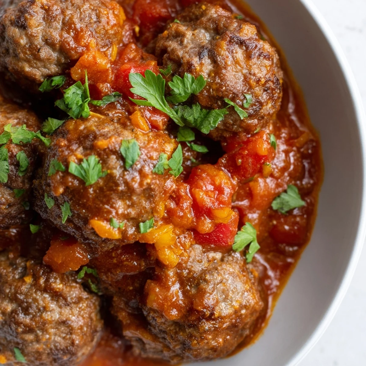 Golden-brown Spicy Lamb Merguez Meatballs simmering in a rich, chunky tomato sauce, garnished with fresh cilantro.