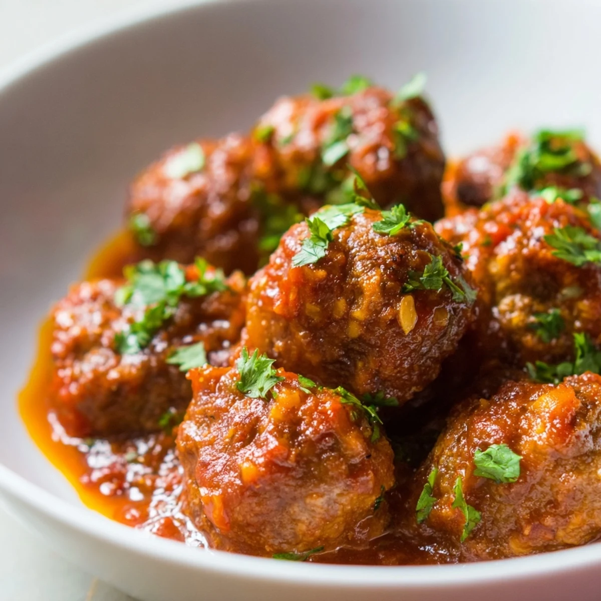 Freshly made Spicy Lamb Merguez Meatballs in a steaming, aromatic tomato sauce, ready to serve as a main dish.