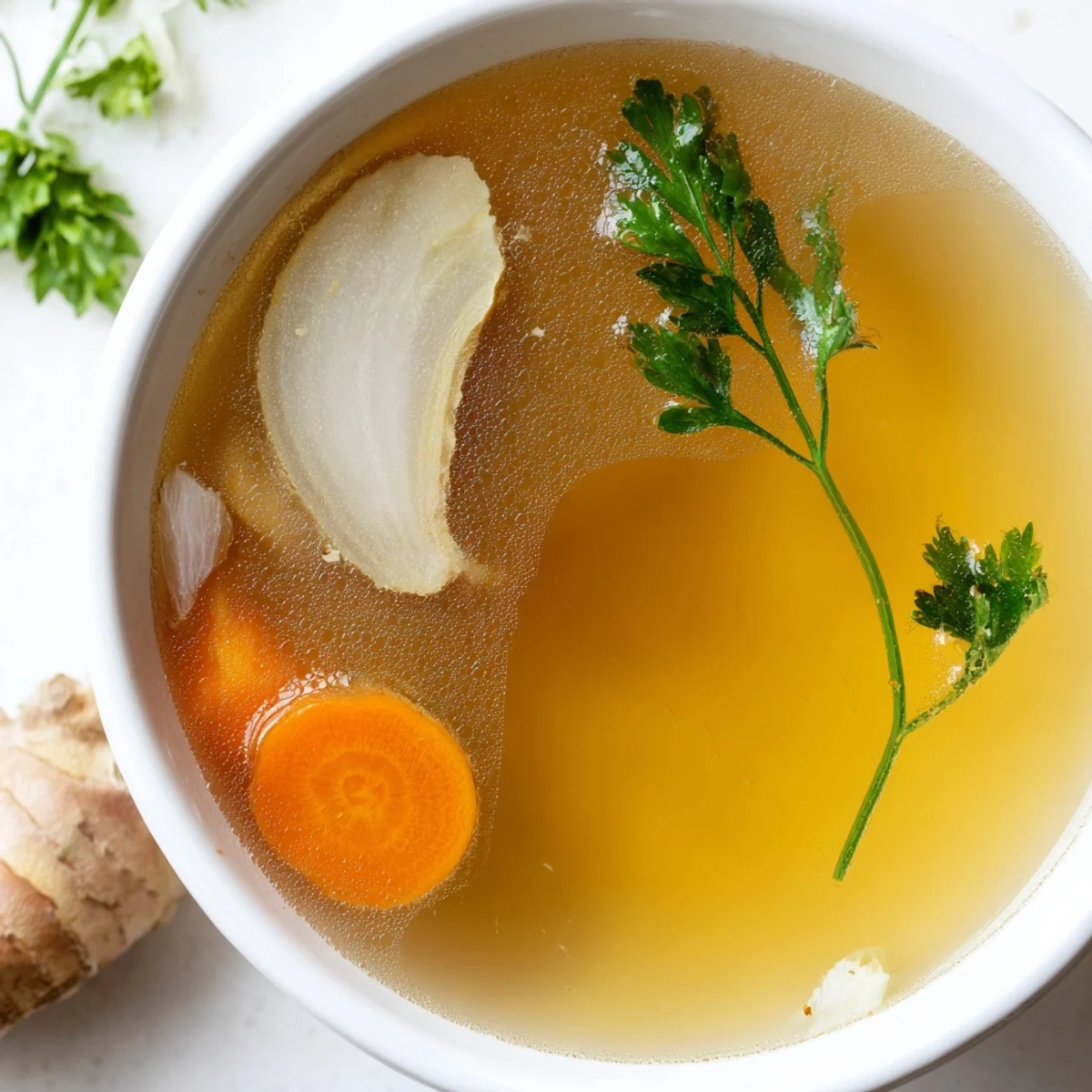 A ladle lifts the clear Homemade Chicken Bone Broth with Ginger, revealing chopped carrots and celery floating in the rich soup.