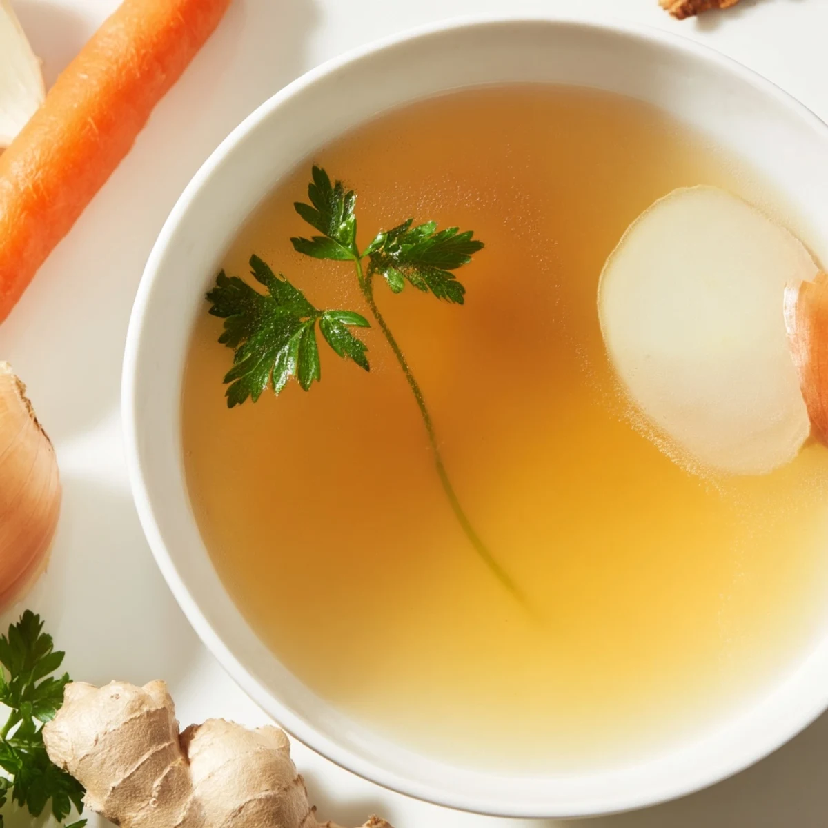 A glass mug filled with golden Homemade Chicken Bone Broth with Ginger rests beside sliced fresh ginger and herbs on a rustic table.