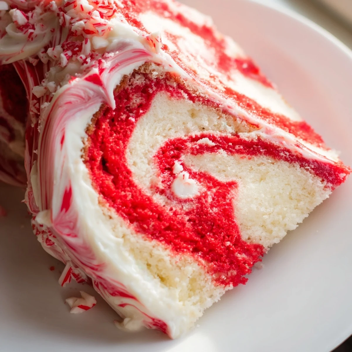 Frosted Peppermint Swirl cake with crushed candy topping, sliced to reveal red marbled layers on a dessert plate.