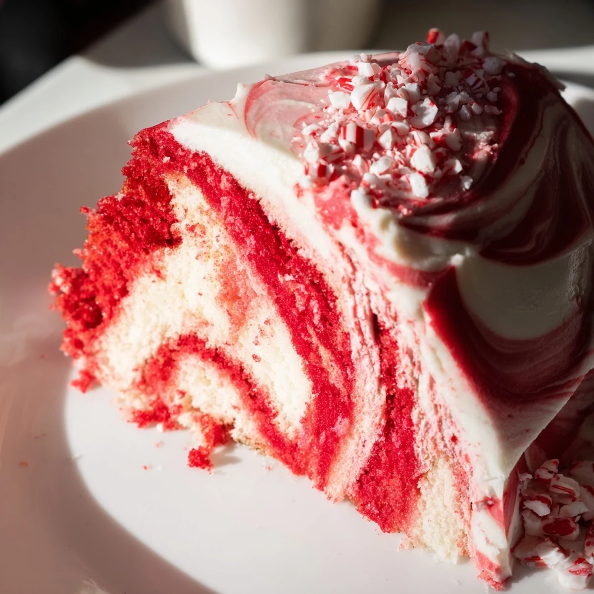 A festive Peppermint Swirl cake showcases vibrant red swirls and smooth white frosting, perfect for Christmas dessert tables.