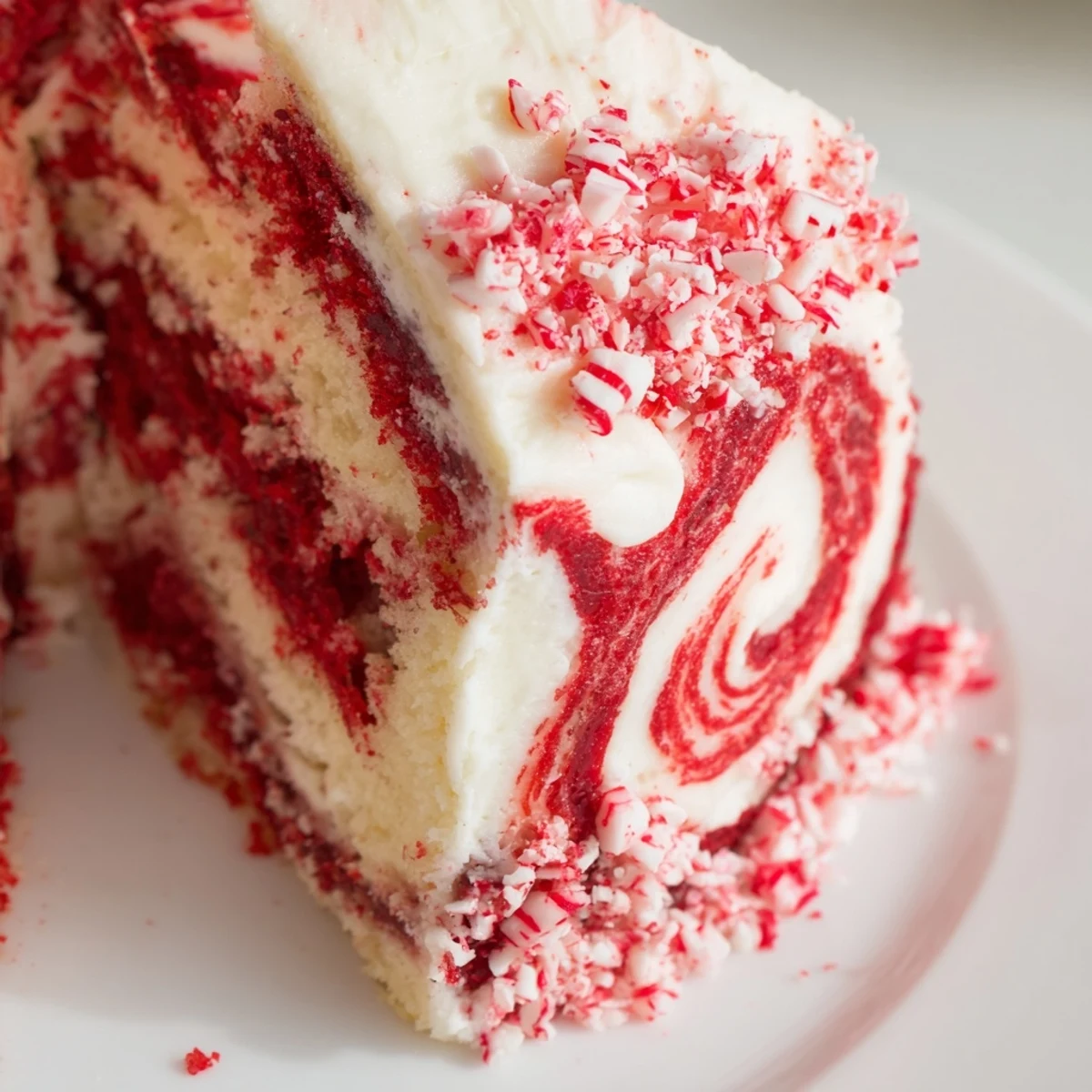 Close-up of Peppermint Swirl cake showing red marbled crumb beside a steaming mug of hot cocoa.