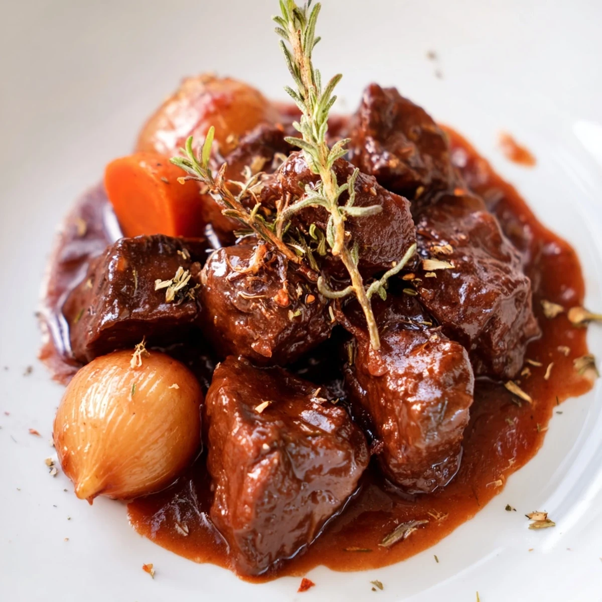 Tender beef chuck braised in red wine with root vegetables like carrots and potatoes, creating a comforting meal.