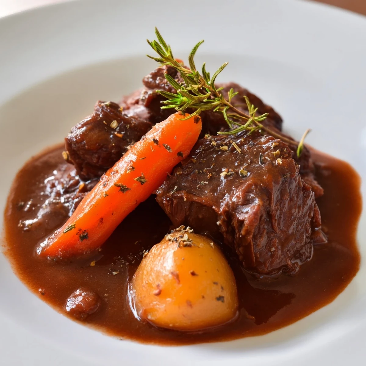 Hearty, gluten-free braised beef with celery, onions, and garlic, swimming in a savory broth, ready to serve.