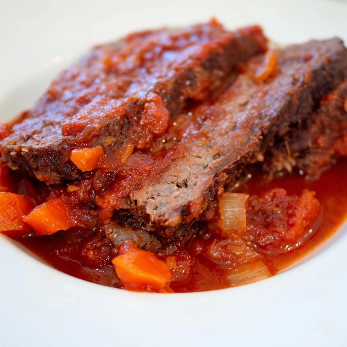 Tender sliced Beef Brisket with Sauce, draped in rich tomato gravy and served with carrots and onions.