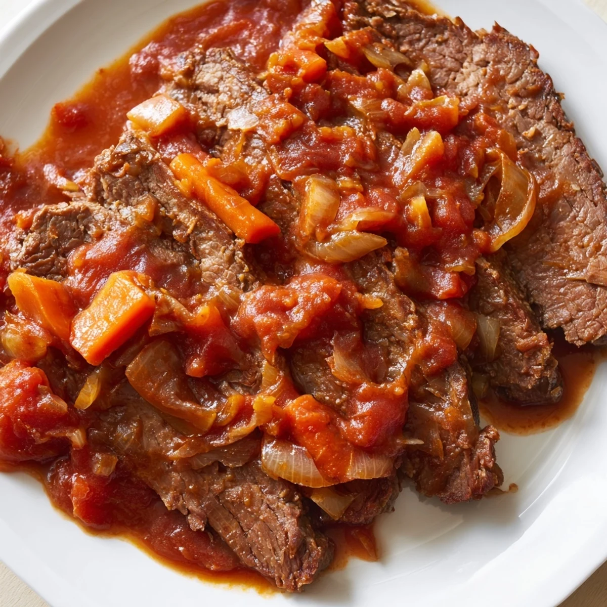 Fork-tender Beef Brisket with Sauce plated beside creamy mashed potatoes, ready for a hearty dinner.