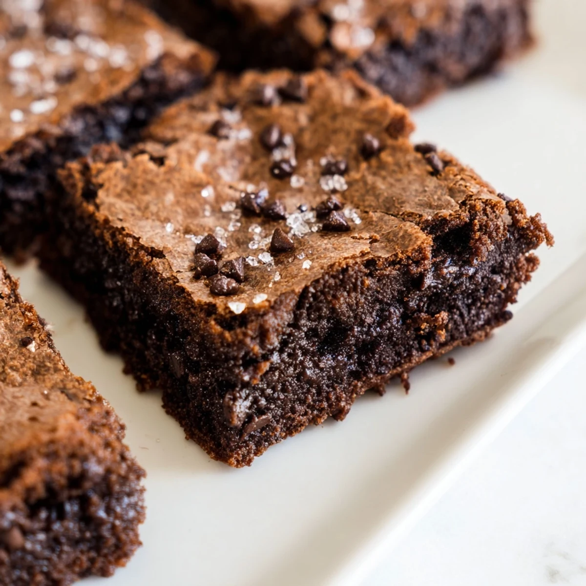 These golden-edged Crispy Edge Brownies are sliced in a metal pan, showcasing rich cocoa texture and melted chips.