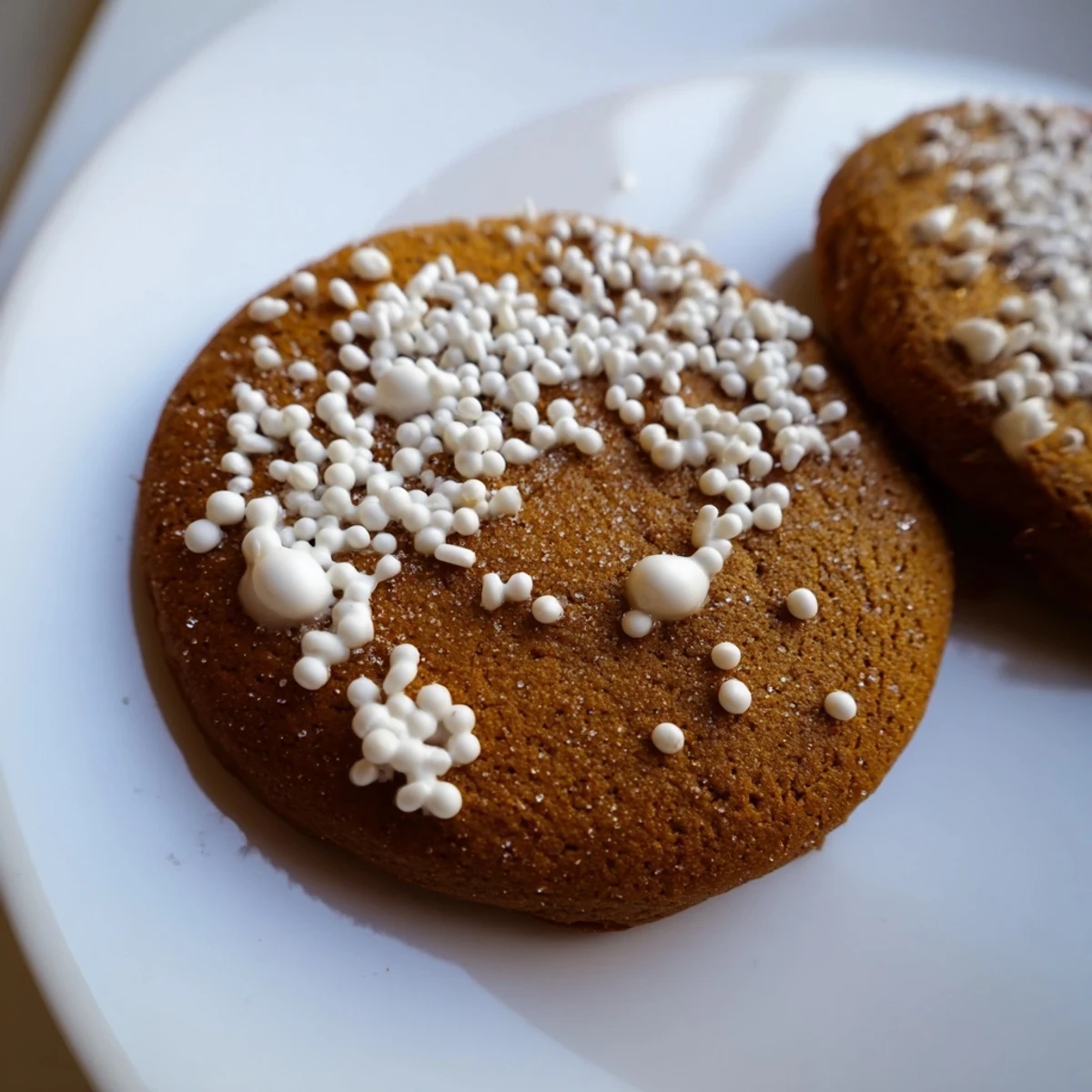 Golden-brown Gingerbread Cookies with Spice decorated with piped icing and served with a glass of milk.
