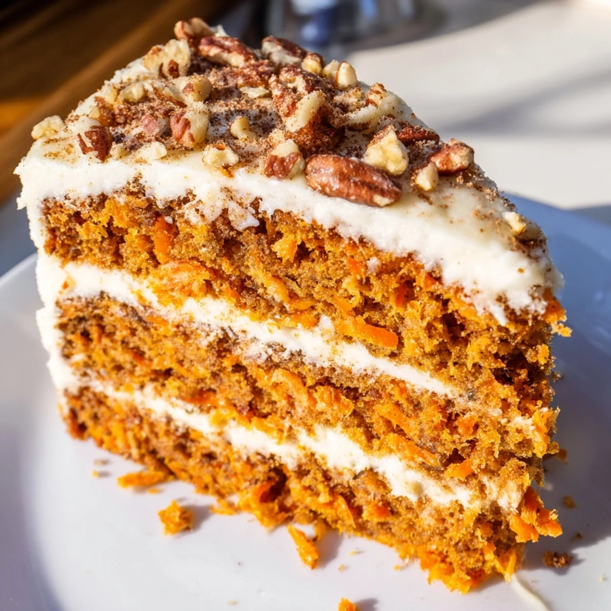 A slice of Spiced Carrot Cake with Cream Cheese Frosting, topped with chopped walnuts, is ready to serve on a plate. 