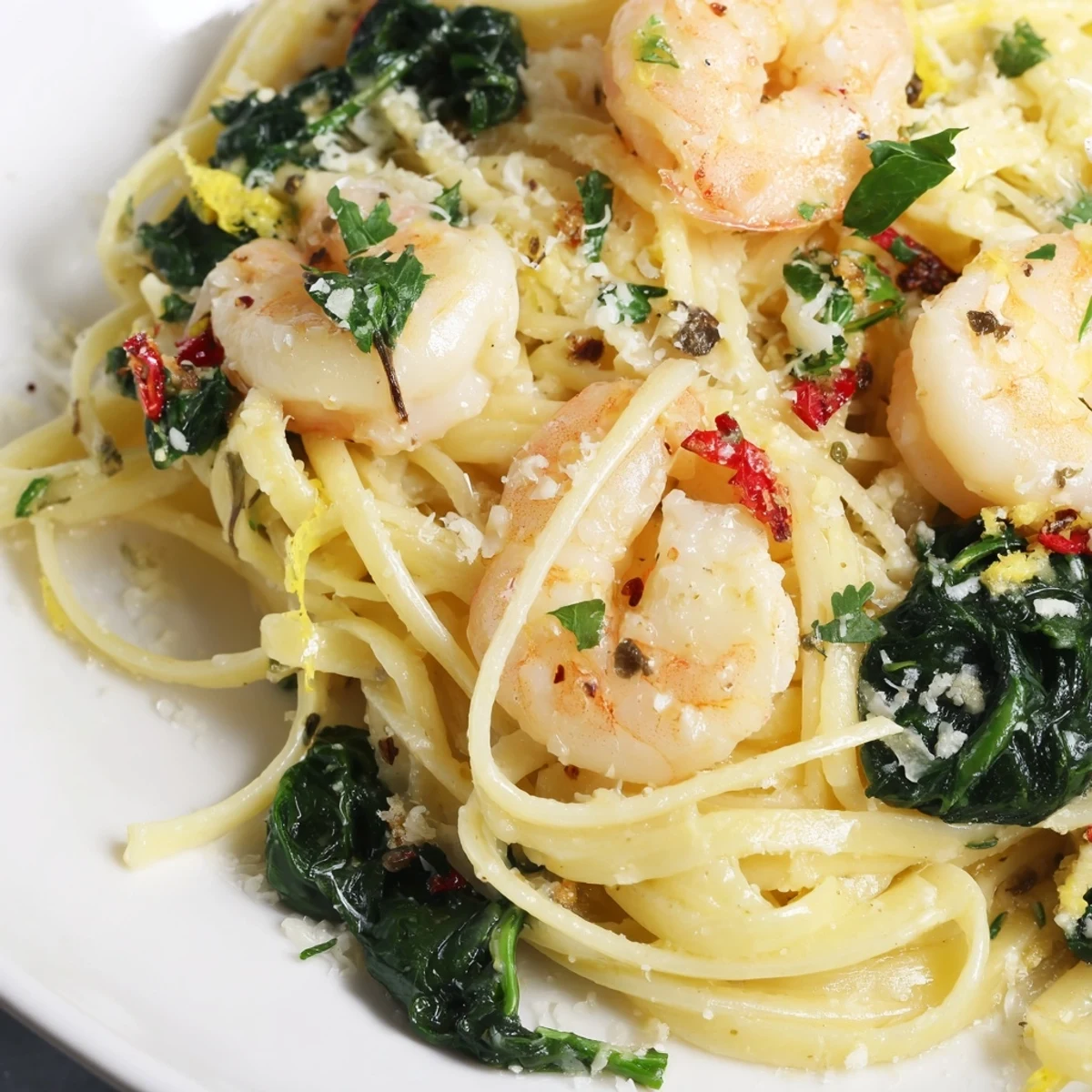 Close-up of Lemon Garlic Shrimp Pasta with Spinach, steam rising from buttery, garlicky linguine and plump pink shrimp tossed with fresh greens.
