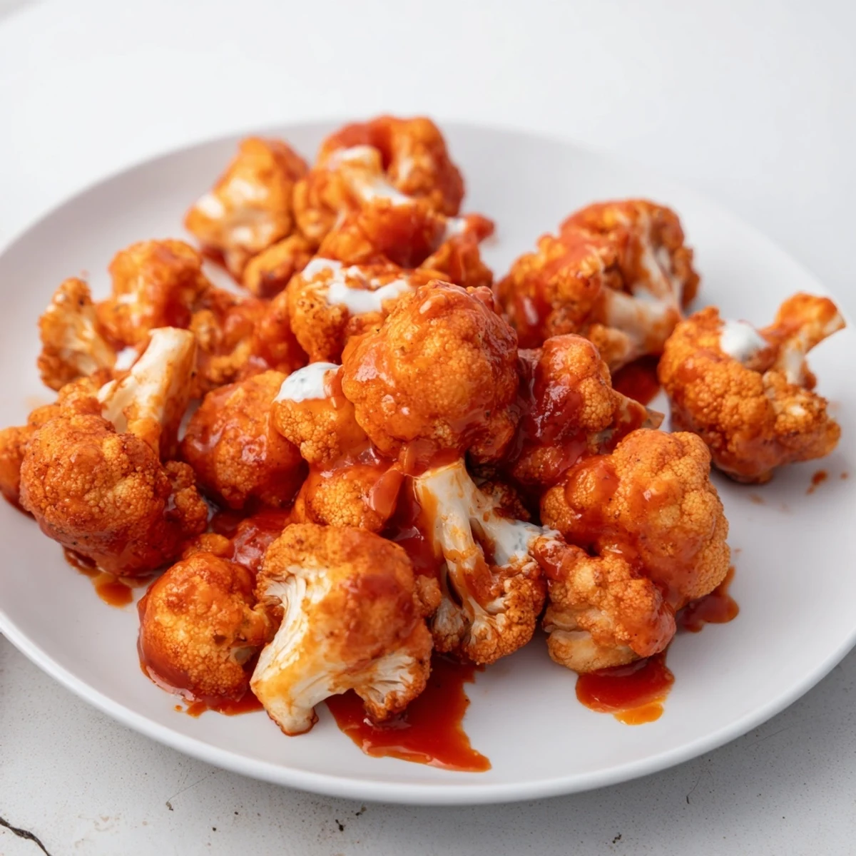 Crispy Air Fryer Buffalo Cauliflower Bites glistening with tangy red sauce served with ranch dip and celery sticks.