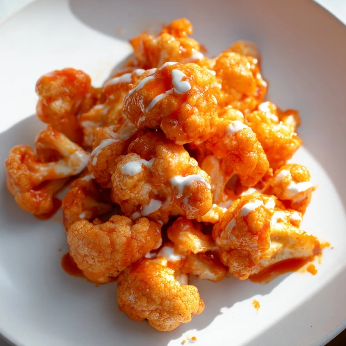A close-up of Air Fryer Buffalo Cauliflower Bites with ranch dressing and crunchy carrots, perfect for snacking.