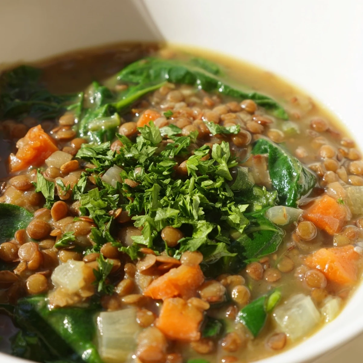 Ladle of Hearty Lentil Soup with Spinach and Lemon steaming in a rustic bowl with crusty bread.