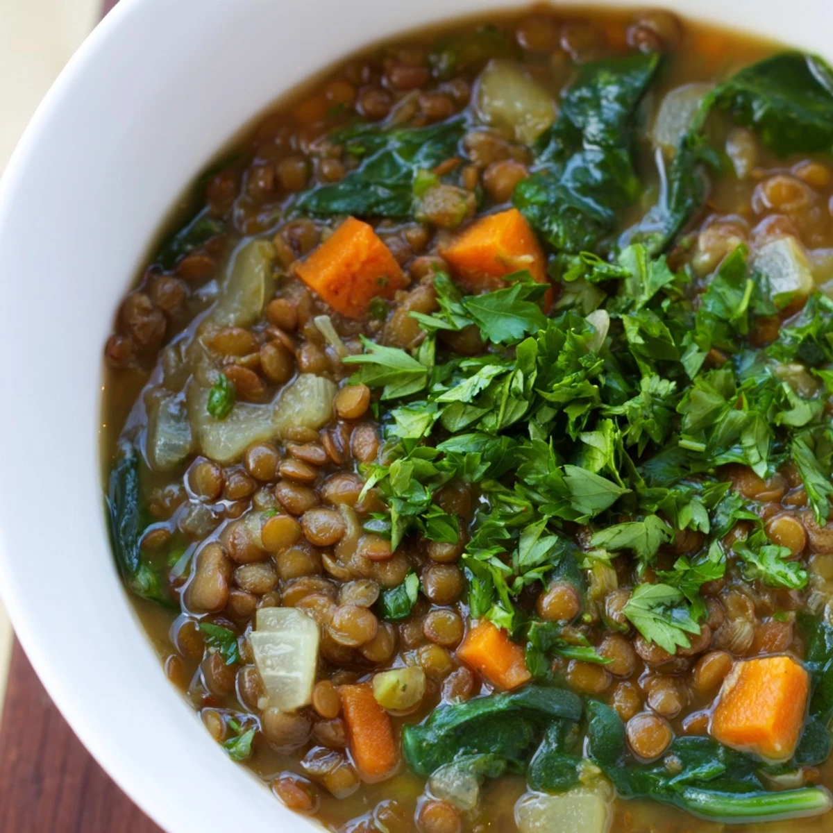 Green spinach and golden carrots in a bowl of Hearty Lentil Soup with Spinach and Lemon.