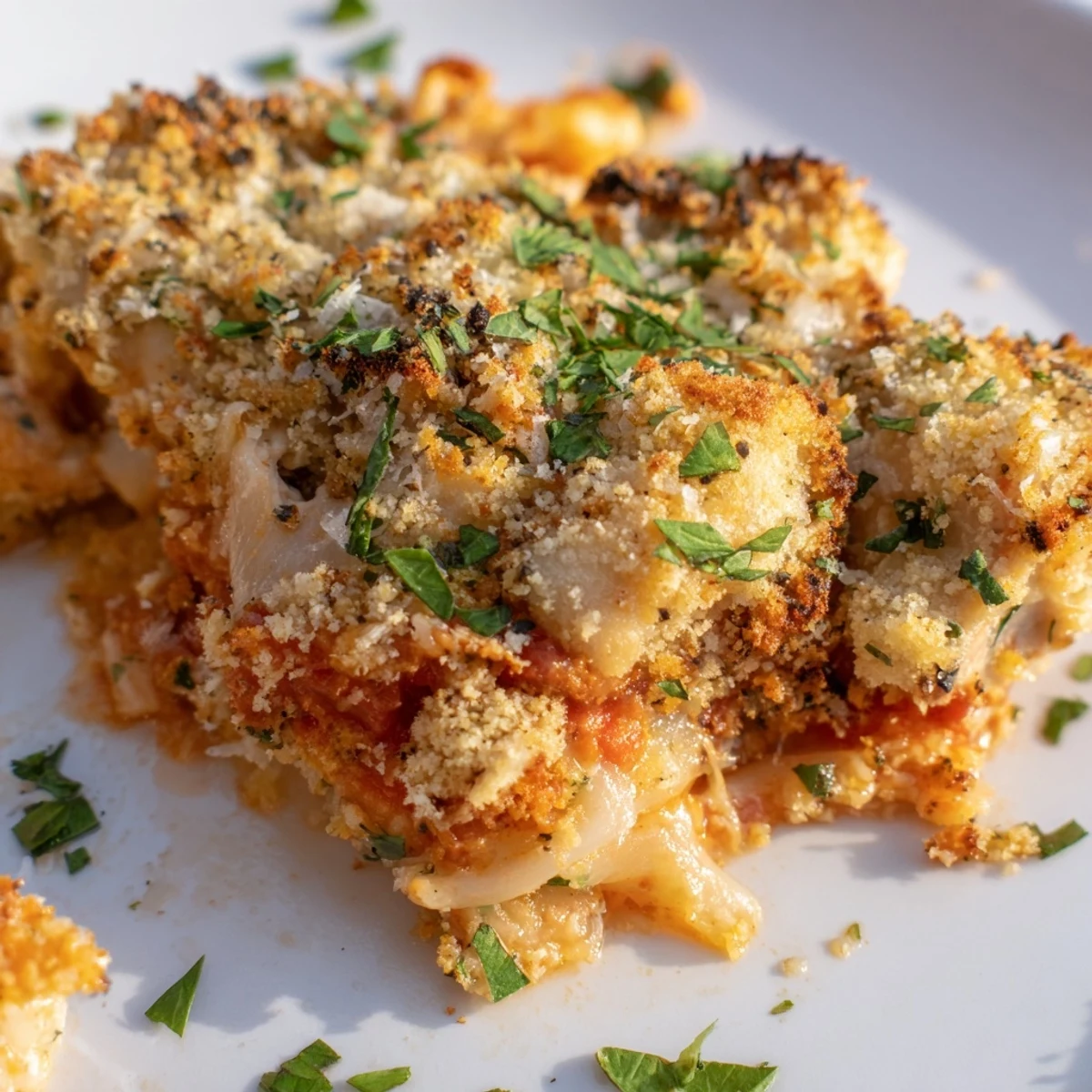 Freshly baked Chicken Parmesan Casserole with golden, crispy panko topping and melted mozzarella.
