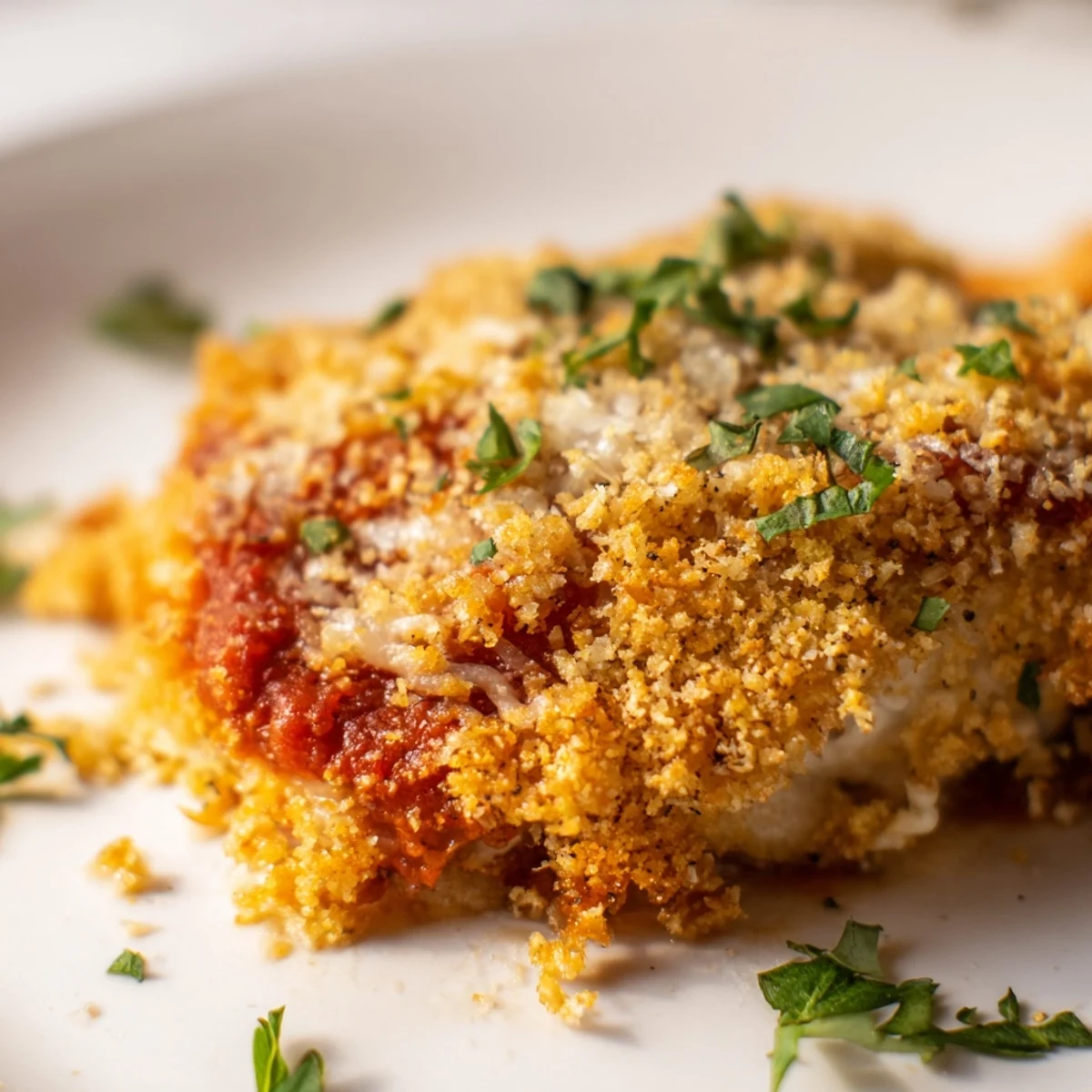 Bubbling marinara sauce and tender chicken pieces in a rustic 9x13 baking dish.
