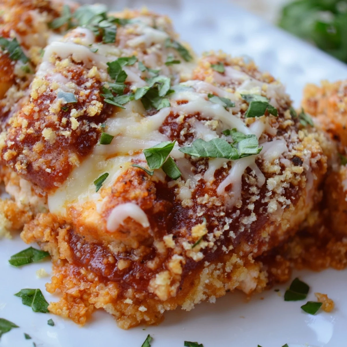 Serving suggestion of Chicken Parmesan Casserole with fresh parsley and a side salad.