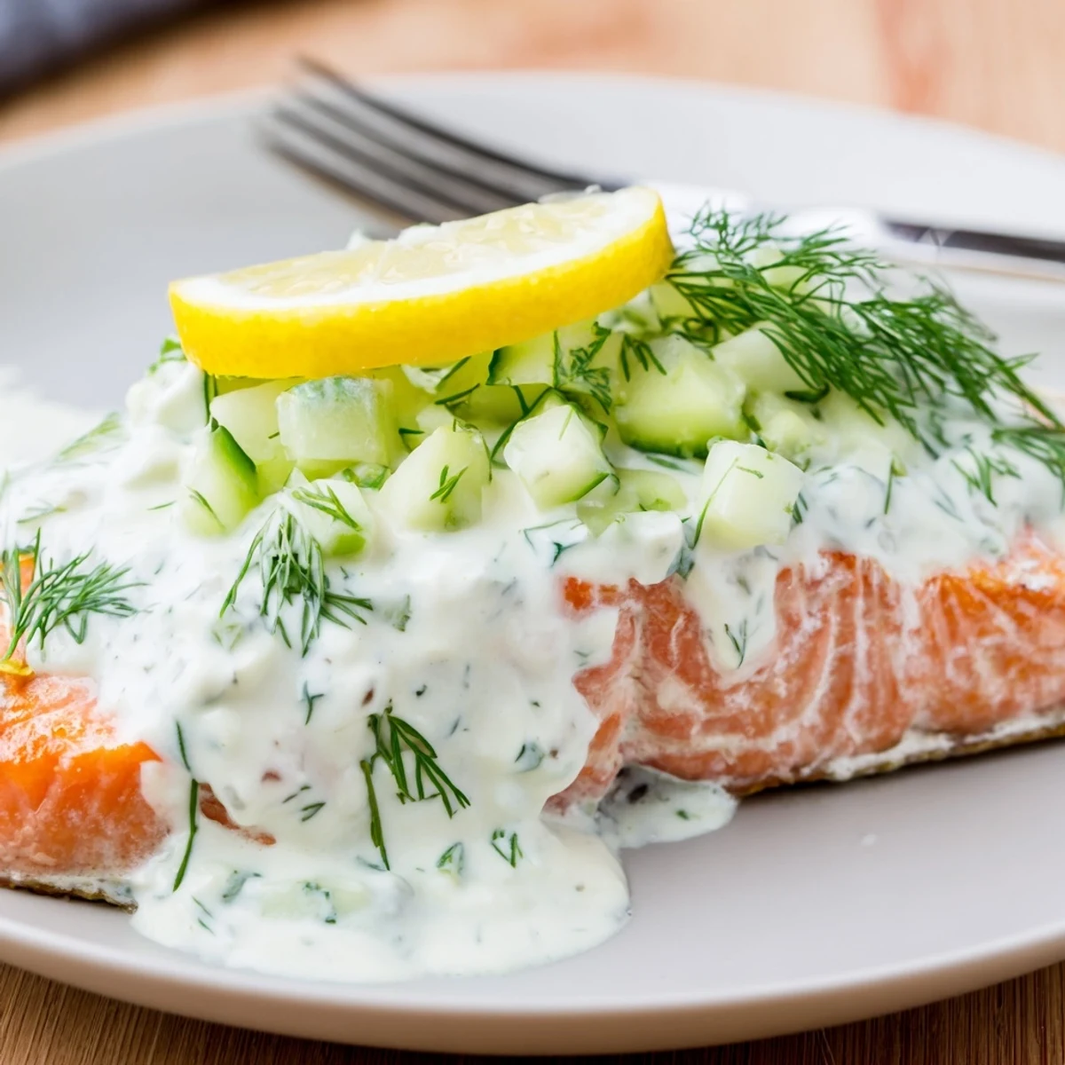 Healthy baked salmon recipe garnished with fresh dill sprigs and a generous dollop of cool cucumber yogurt sauce.