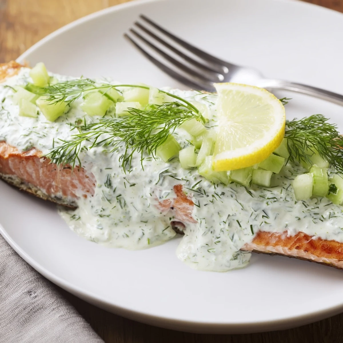 Freshly baked salmon fillets topped with creamy dill and cucumber yogurt sauce, served alongside lemon wedges.