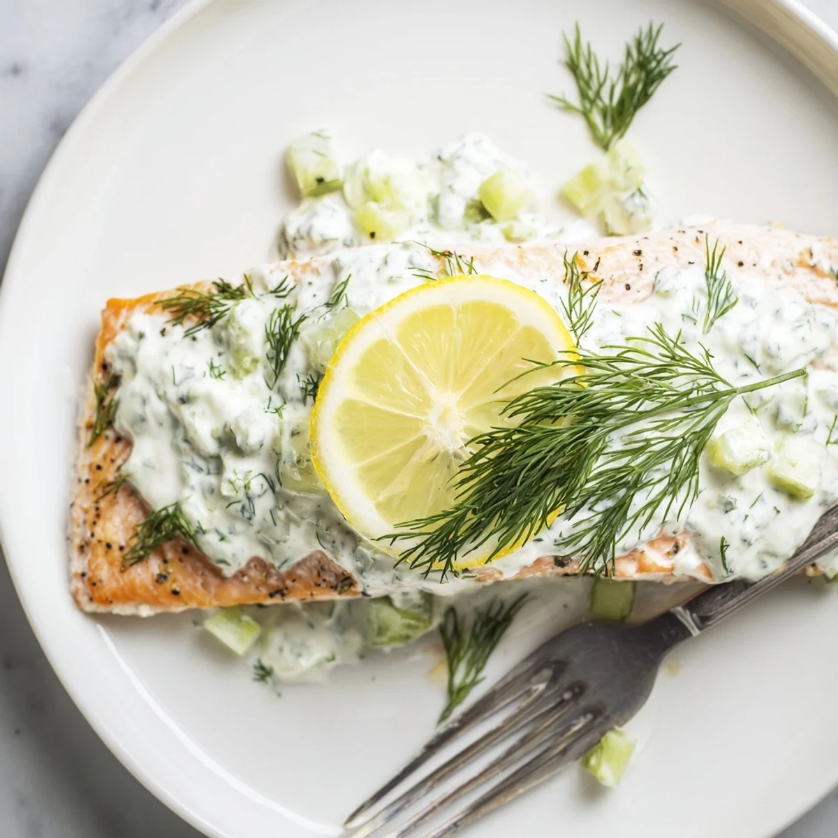 Golden oven-baked salmon with flaky texture and a vibrant green dill yogurt topping on a white plate.