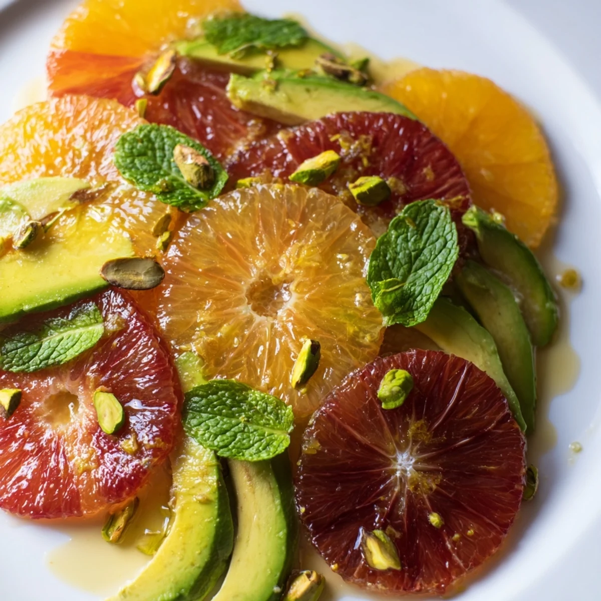 Freshly sliced blood oranges and avocado on a platter, topped with mint and pistachios, showing the vibrant Winter Citrus Salad with Avocado and Mint.