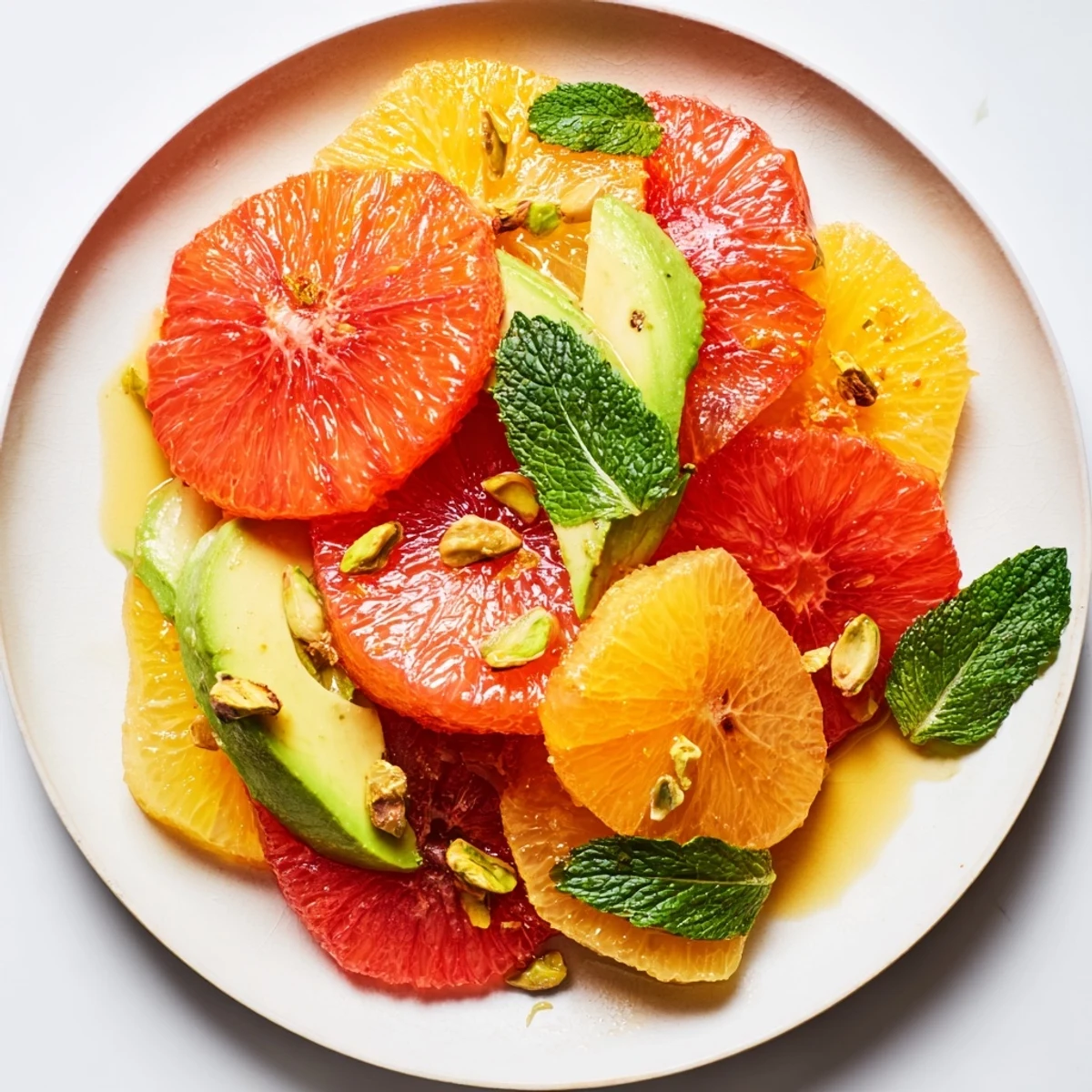 A close-up of the Winter Citrus Salad with Avocado and Mint, featuring juicy orange rounds and creamy avocado with a lemon dressing drizzle.