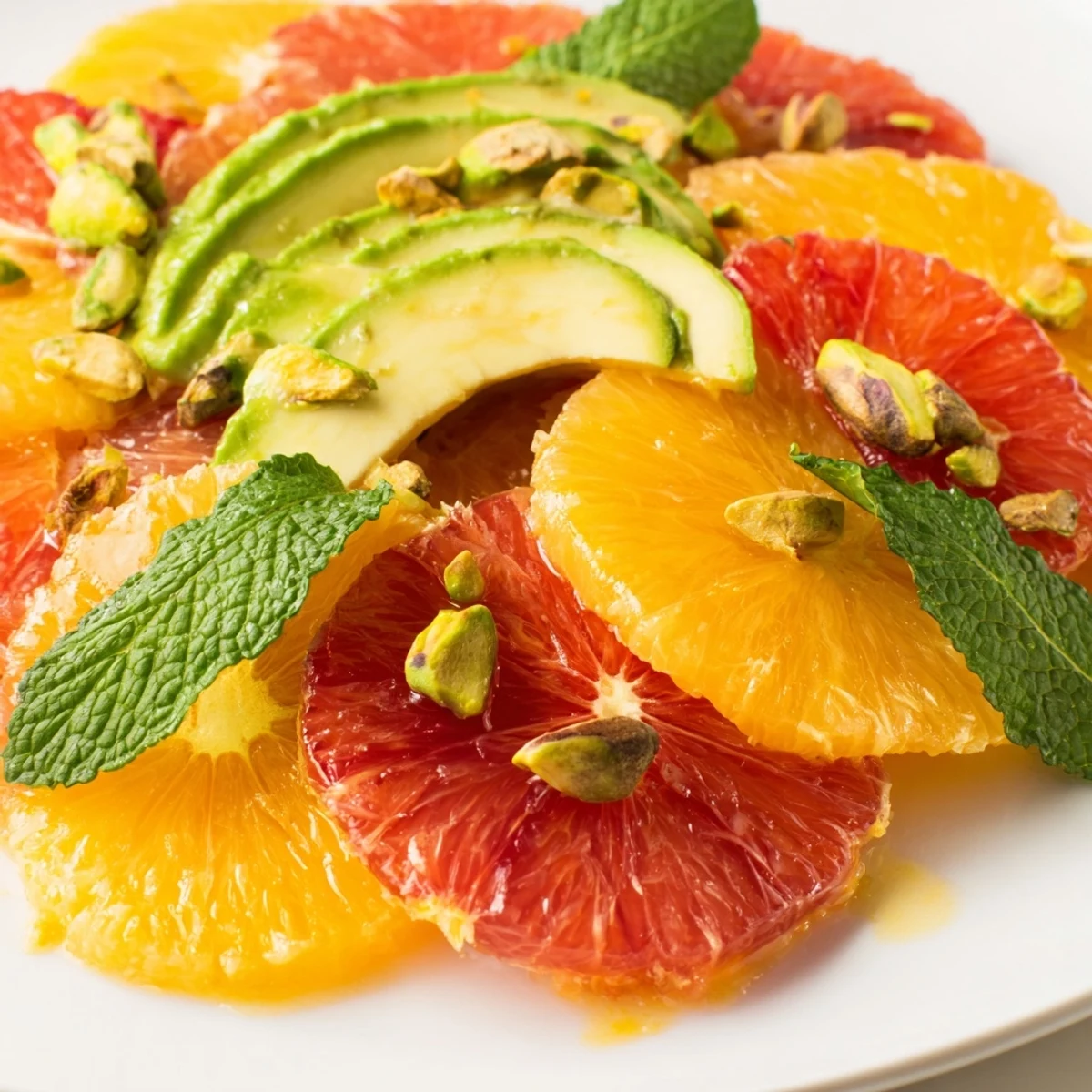 Served on a rustic table, the bright Winter Citrus Salad with Avocado and Mint is garnished with nuts and fresh mint leaves.