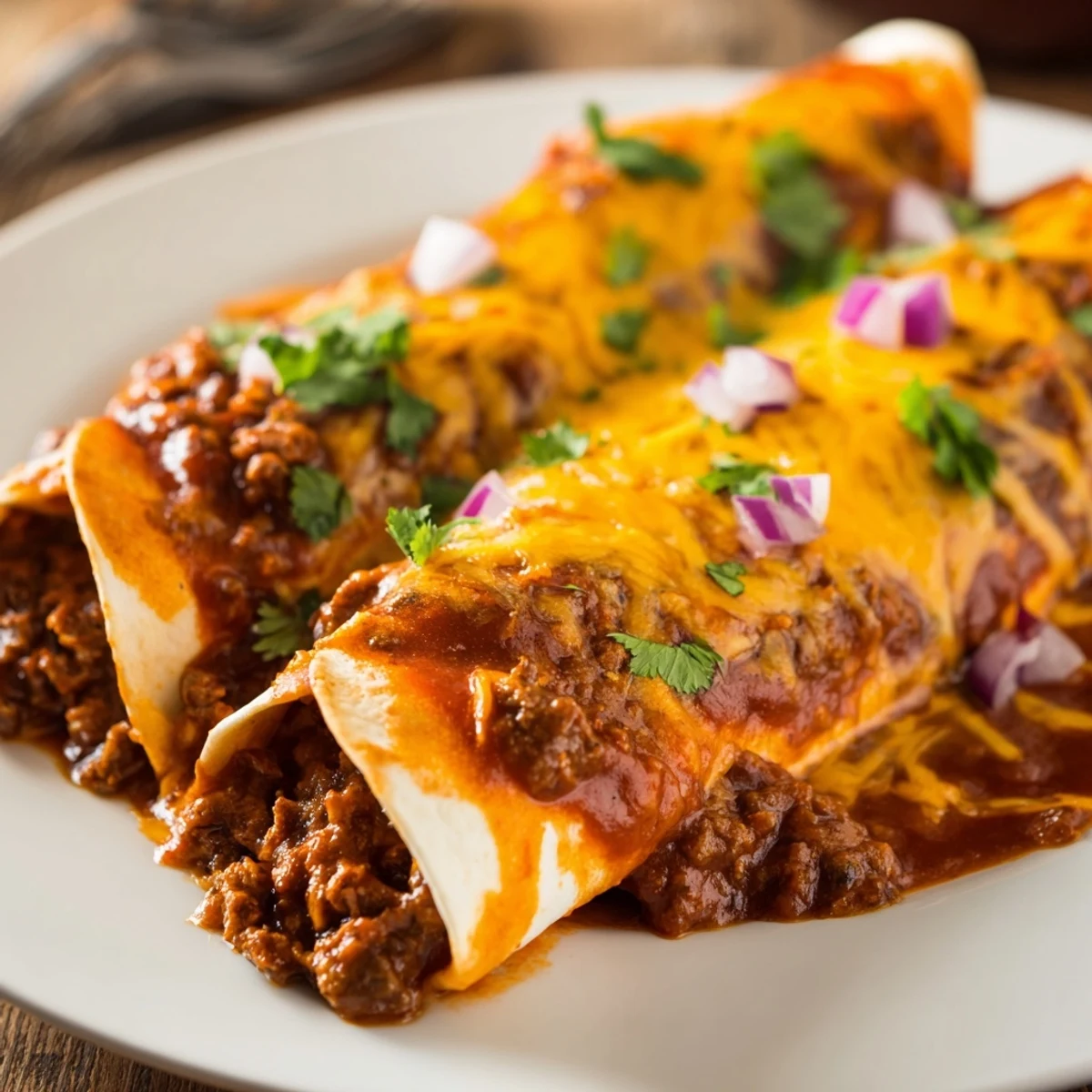 Golden, bubbling Beef Enchiladas with Homemade Red Sauce fresh from the oven, garnished with cilantro and red onion on a baking dish.