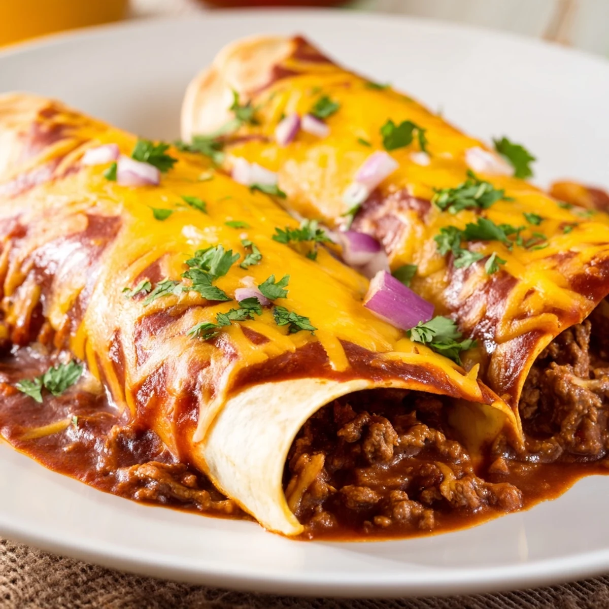 Close-up of a plated Beef Enchiladas with Homemade Red Sauce beside lime wedges, avocado slices, and a dollop of sour cream.